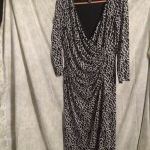 American Living Black and White Animal Printed Long Sleeve Draped Dress